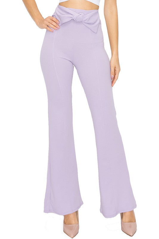 Pants Solid Tie Belt Flare Leg