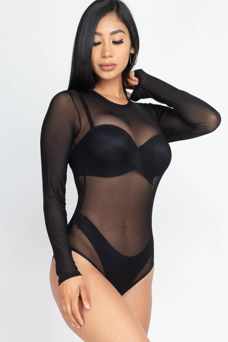 Mesh Sheer Long Sleeves Bodysuit: Black / L