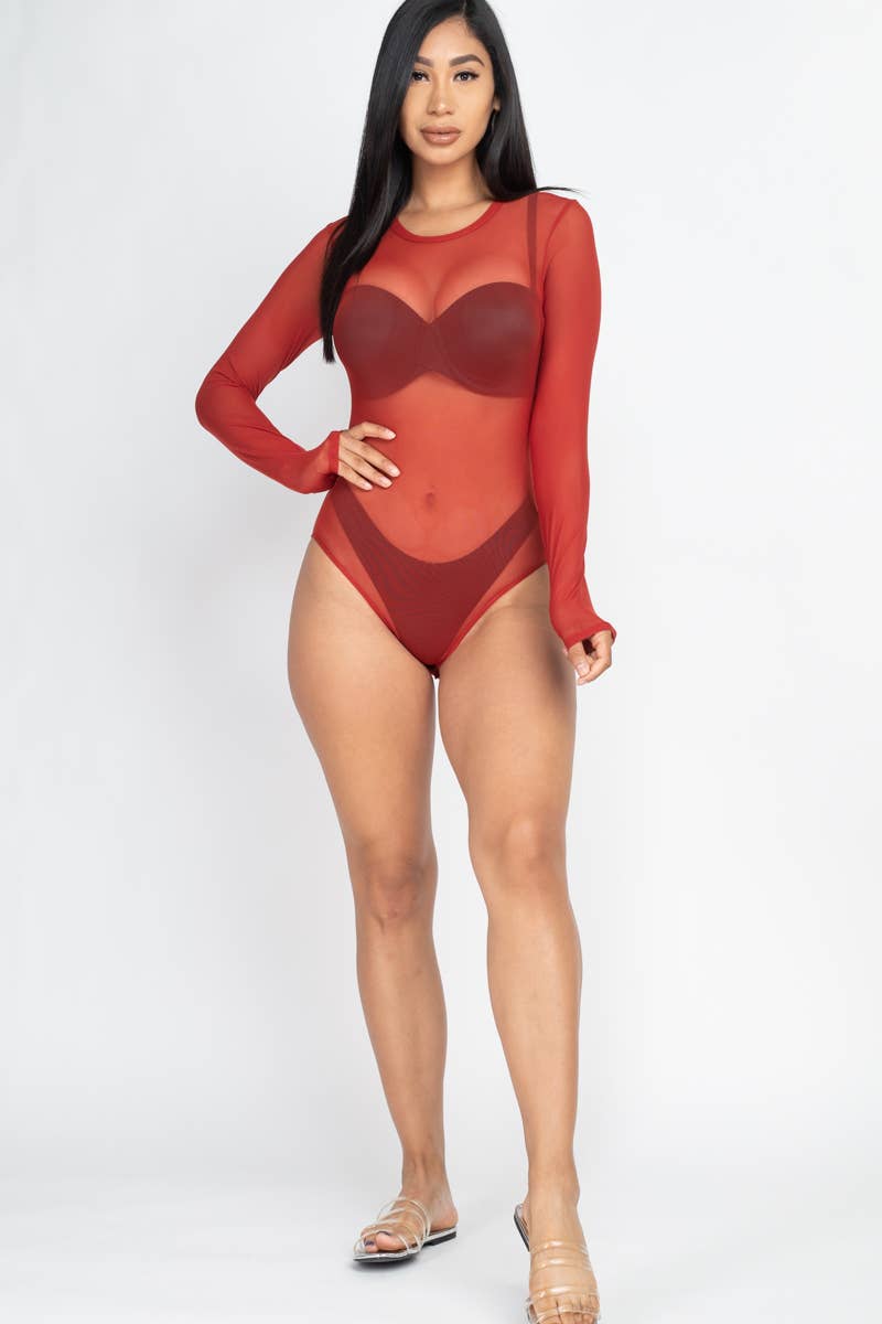Mesh Sheer Long Sleeves Bodysuit: Rust / S