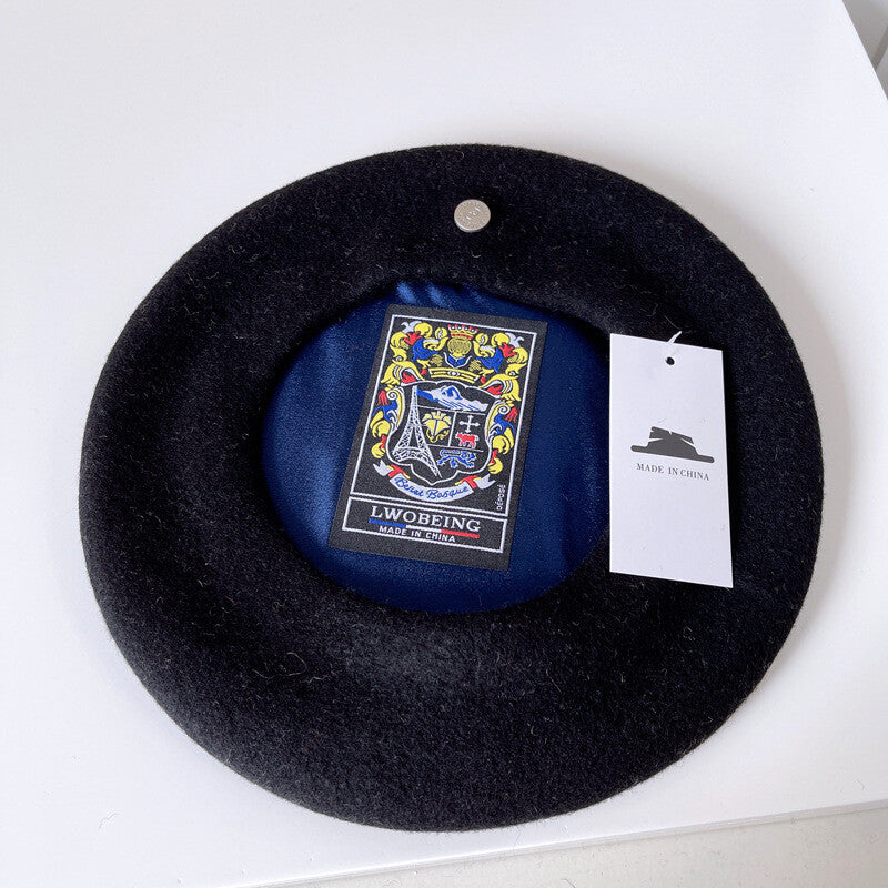 Spanish Wool Beret Hat Female Elegant French Painter Hat Badge Satin Lined British Retro Stewardess Hat