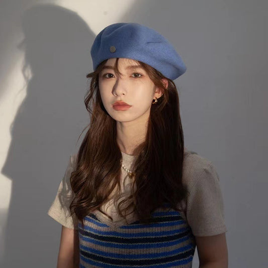 Spanish Wool Beret Hat Female Elegant French Painter Hat Badge Satin Lined British Retro Stewardess Hat