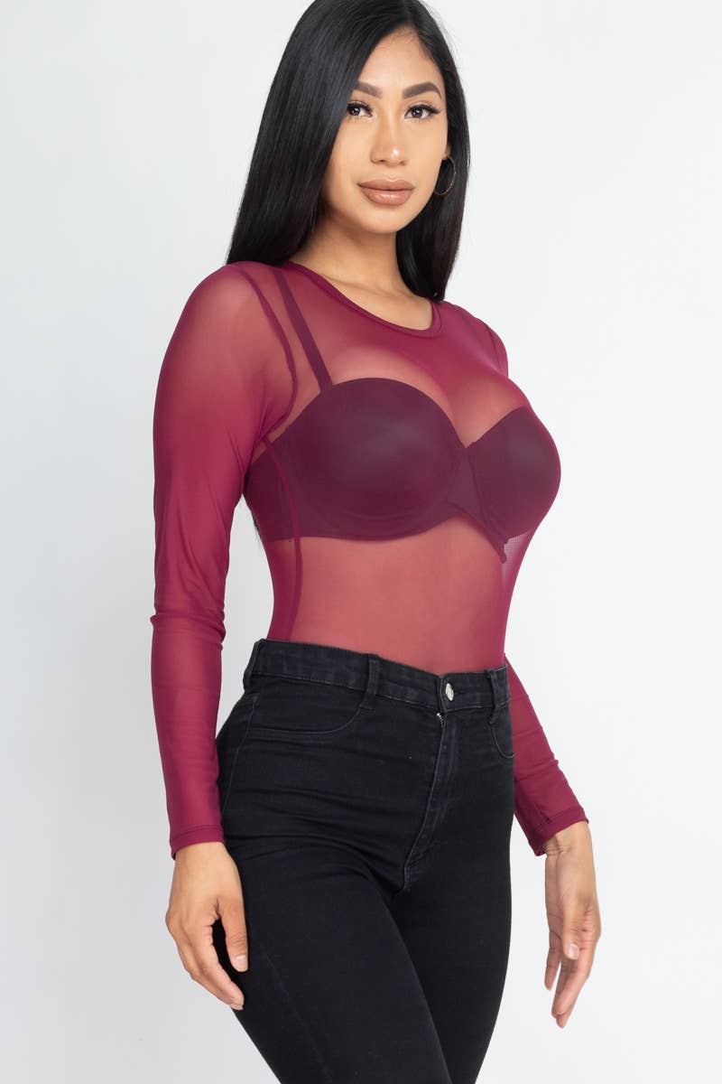 Mesh Sheer Long Sleeves Bodysuit: Black / L