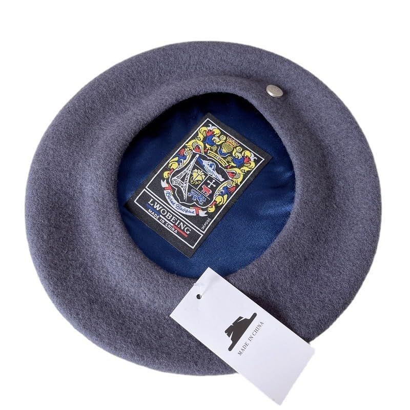 Spanish Wool Beret Hat Female Elegant French Painter Hat Badge Satin Lined British Retro Stewardess Hat Off-White M (56-58cm)