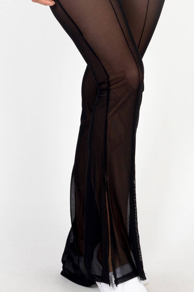Nylon Mesh Side Slit High Waist Flared Pants: Black / L