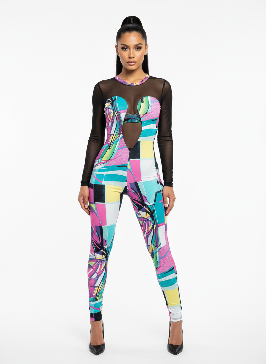 Jumpsuit Geométrico Multicolor con Mangas de Malla