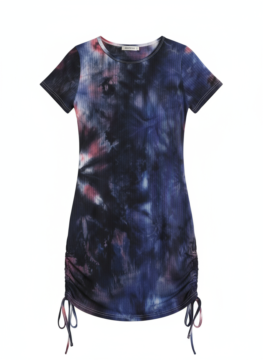 Vestido Tie-Dye Azul Rosa y Negro con Cordón