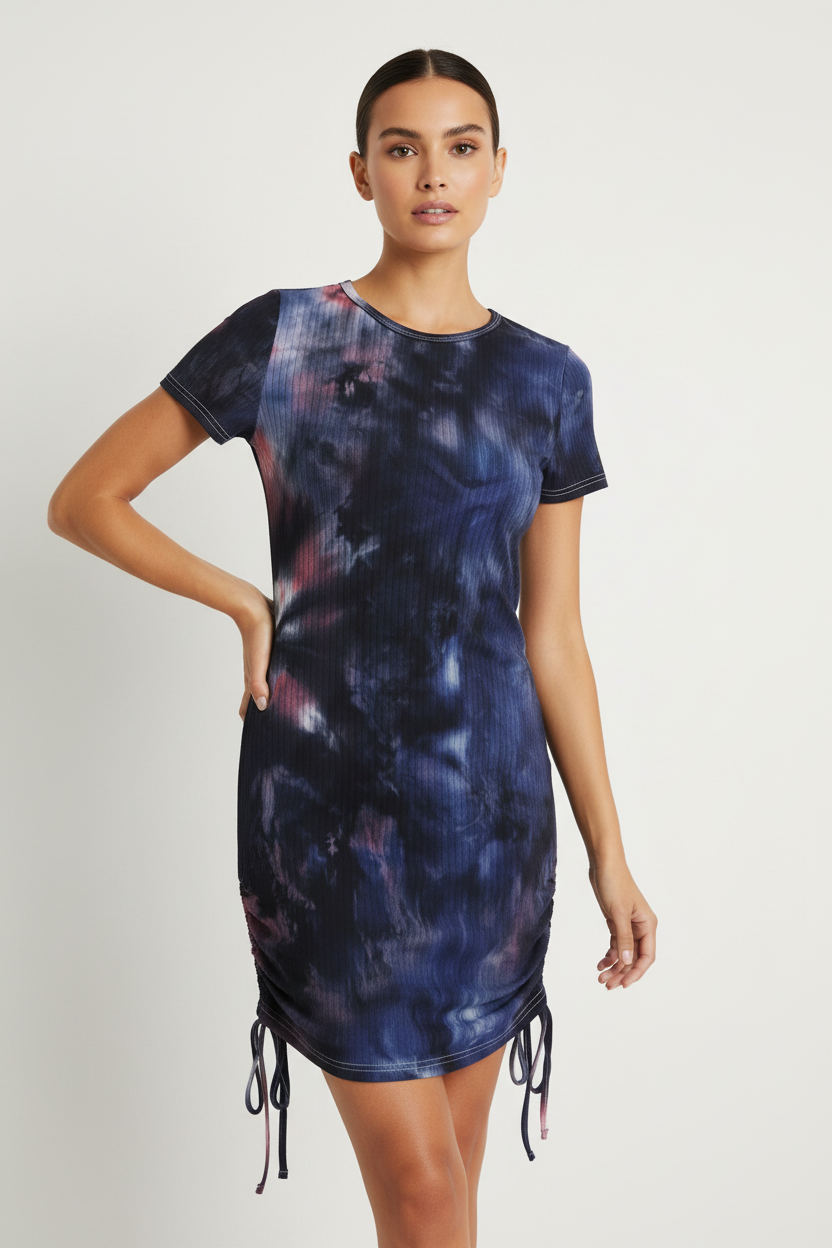 Vestido Tie-Dye Azul Rosa y Negro con Cordón