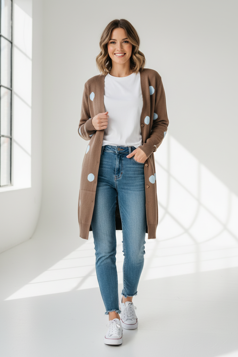 Mujer usando carga printiado con círculo blanco