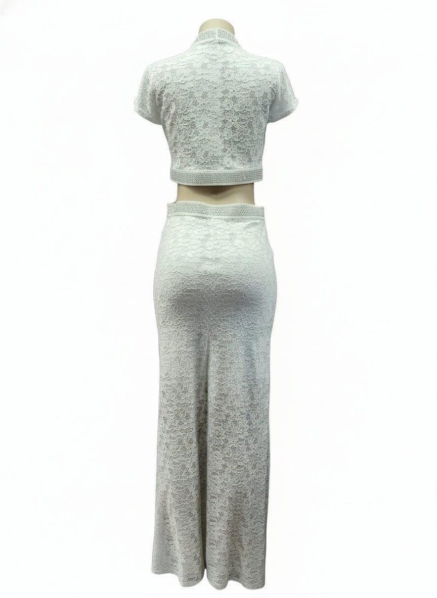 Off-white party dress with a sparkly silver rhinestone design