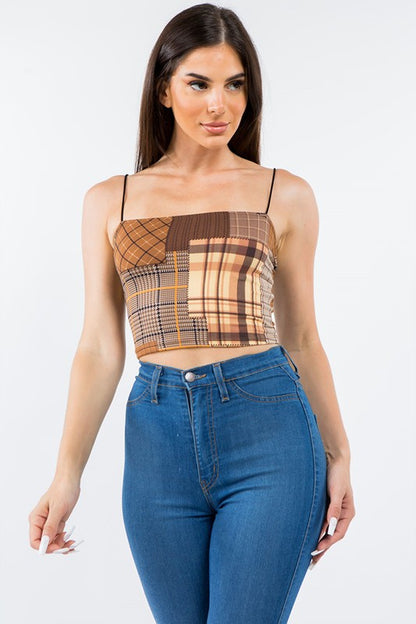 MULTICOLOR CHECKERED PATCHWORK PRINTED CROP TOP