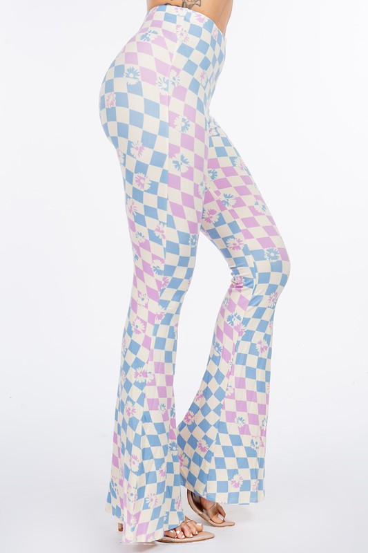 LONG FLORAL FLARED WAVY ANTALON IN CHECKS. 2 COLOR