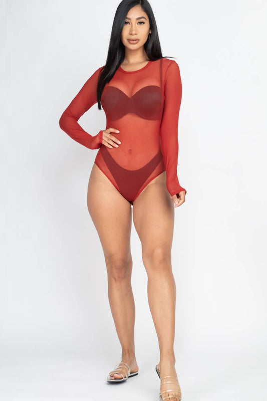 Mesh Sheer Long Sleeves Bodysuit: Rust / M