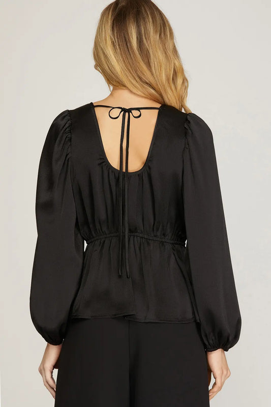 TOP PUFF SLEEVE SATIN WITH BACK TIE AND ELASTIC WAIST