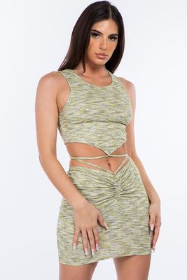 MULTI COLOR CROP TOP AND RUCHED MINI SKIRT SET  IN Gris