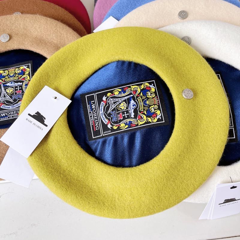 Spanish Wool Beret Hat Female Elegant French Painter Hat Badge Satin Lined British Retro Stewardess Hat Matcha Color M (56-58cm)