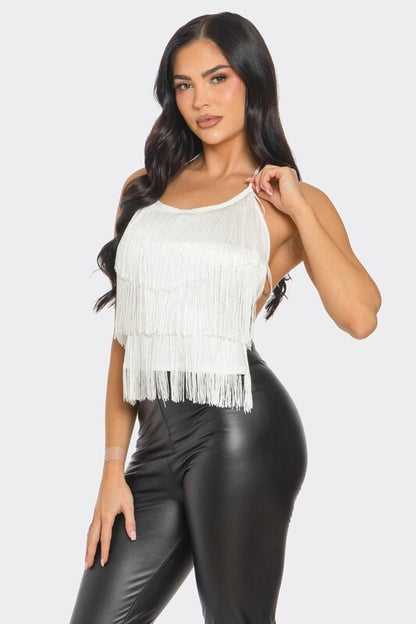 Top HALTER NECK OPEN BACK TIERED FRING 3 COLOR BLACK RED AND IVORY