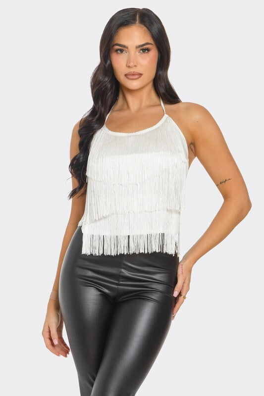 Top HALTER NECK OPEN BACK TIERED FRING 3 COLOR BLACK RED AND IVORY