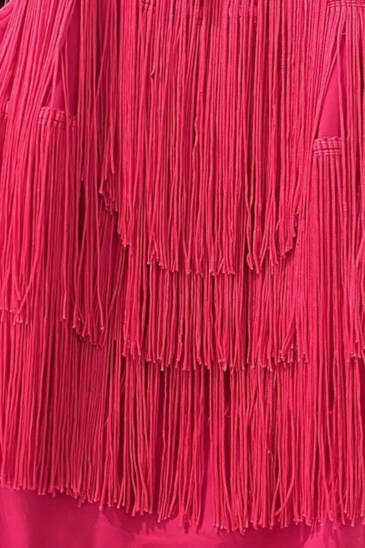 Top HALTER NECK OPEN BACK TIERED FRING 3 COLOR BLACK RED AND IVORY