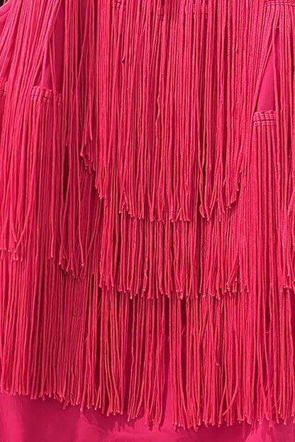 Top HALTER NECK OPEN BACK TIERED FRING 3 COLOR BLACK RED AND IVORY