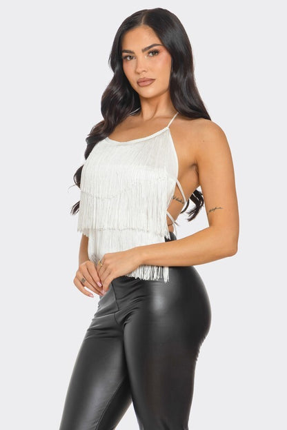 Top HALTER NECK OPEN BACK TIERED FRING 3 COLOR BLACK RED AND IVORY