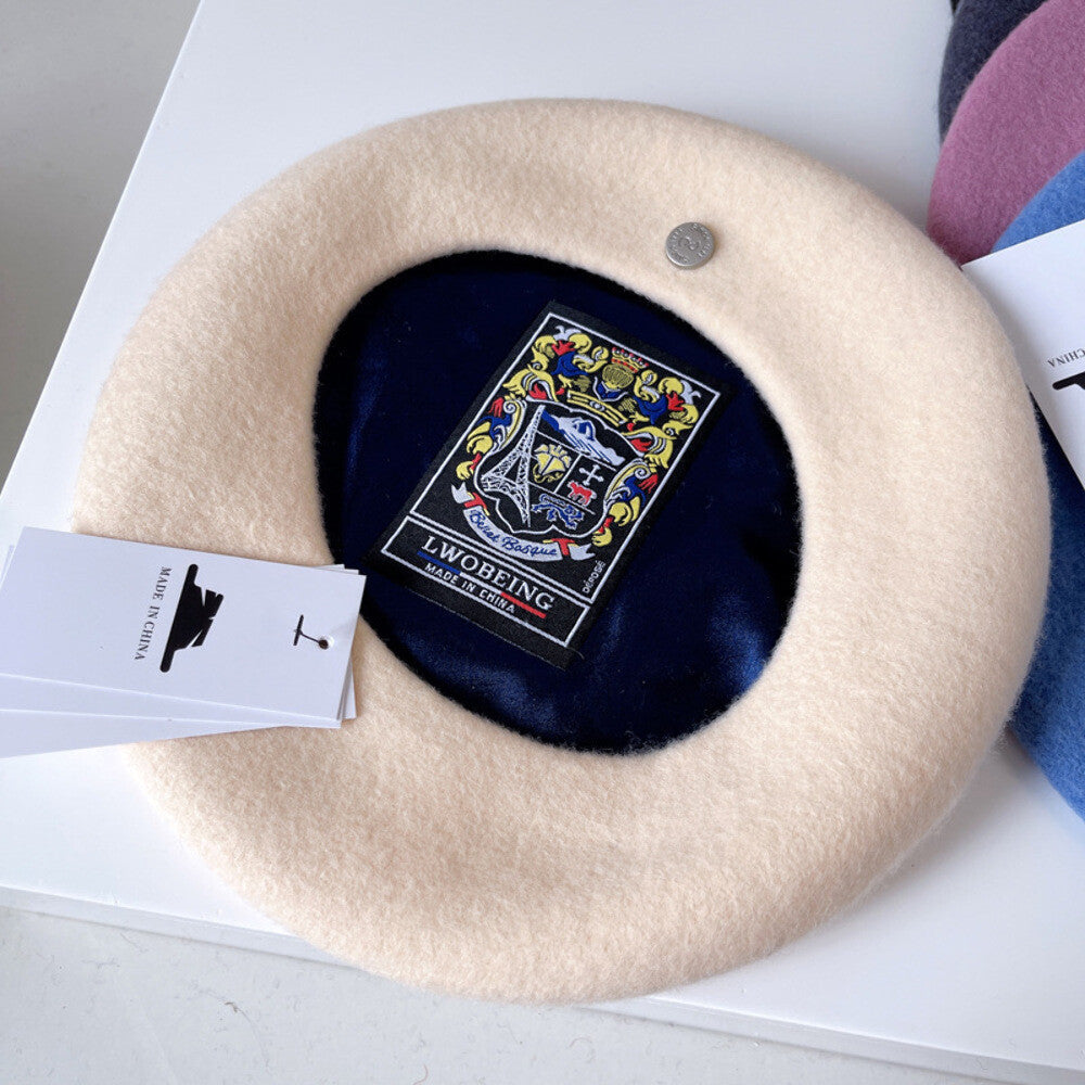 Spanish Wool Beret Hat Female Elegant French Painter Hat Badge Satin Lined Briti