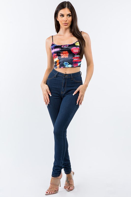 ​NEON SIGN PRINTED SATIN CROP TOP.