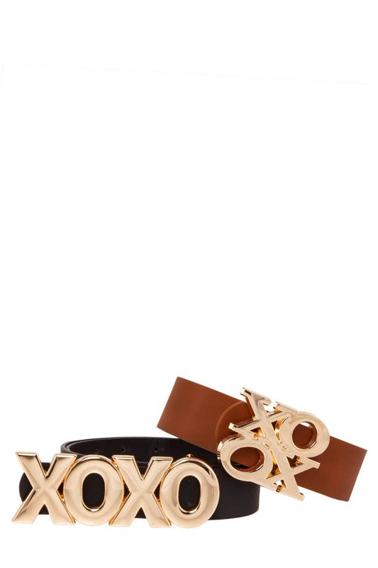 Long and Stacked XOXO Buckle Duo Belt Set: Cognac