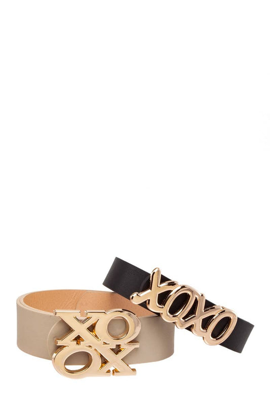 Stacked and Elongated XOXO Buckle Duo Belt Set: Red