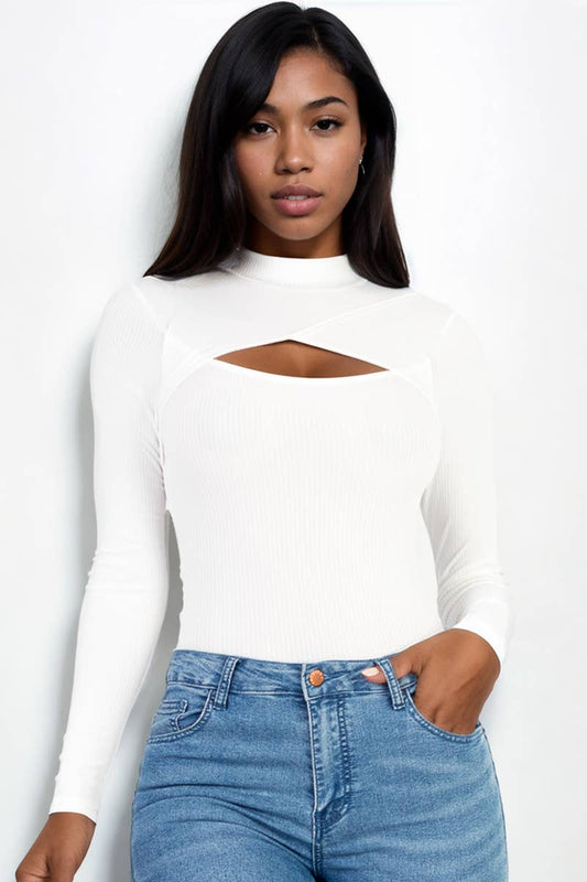 Front Cutout Long Sleeve Bodysuit: White / M