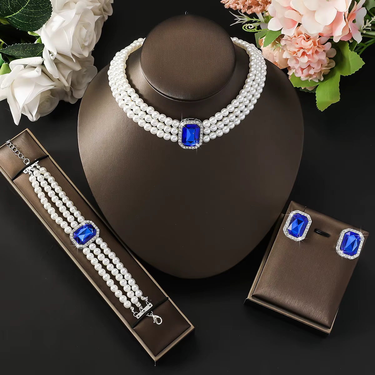 European and American style pearl necklace, bracelet, and earring set, wholesale accessories