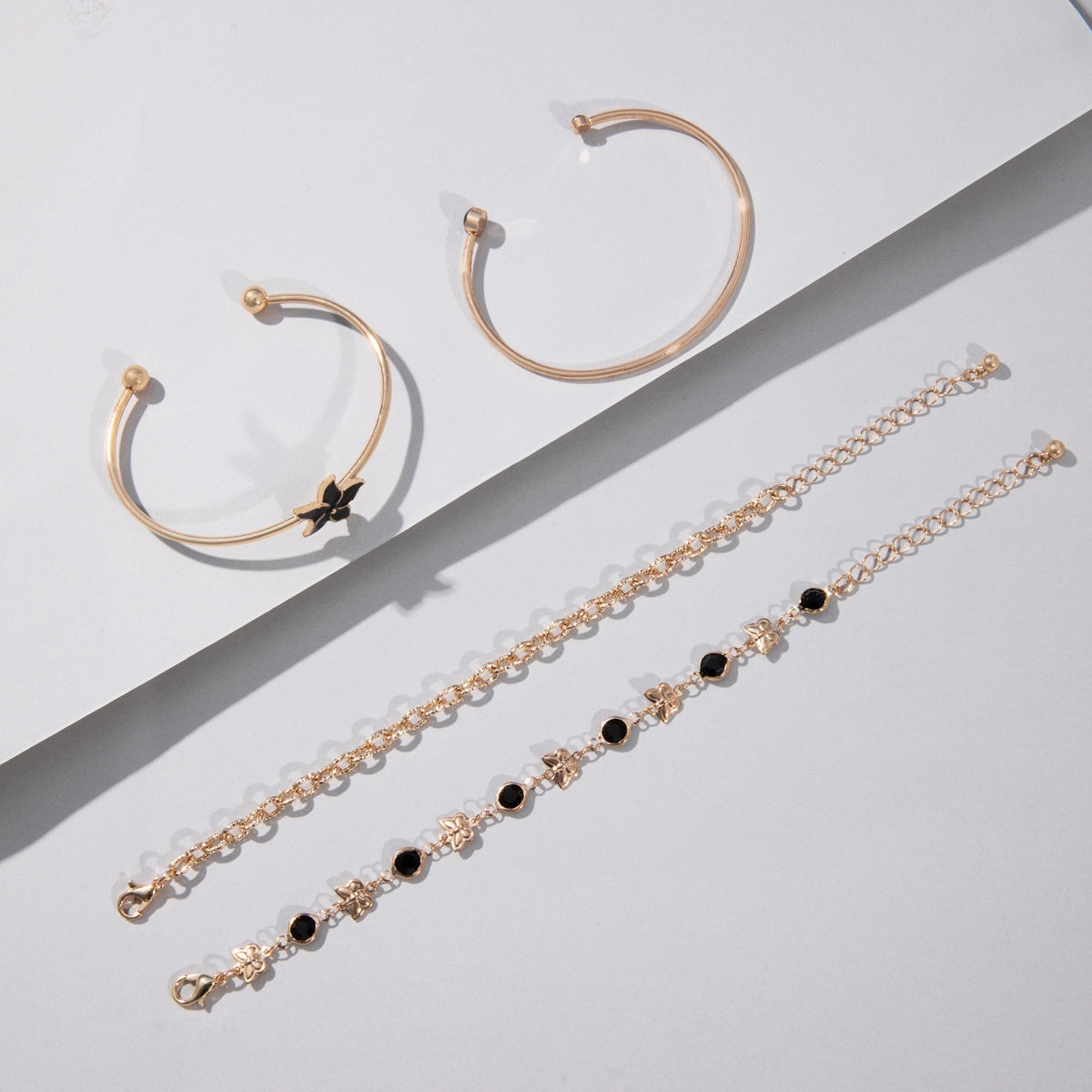 European American retro style silver four-piece bracelet set with elegant five-petal flower butterfly main stone fashion zircon