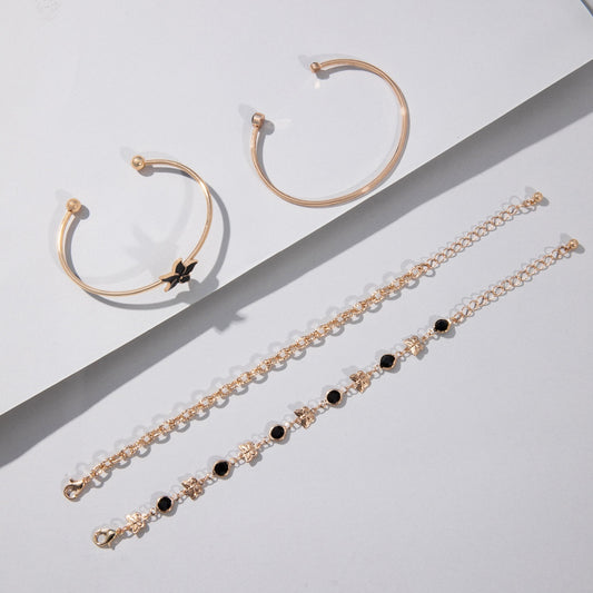 European American retro style silver four-piece bracelet set with elegant five-petal flower butterfly main stone fashion zircon