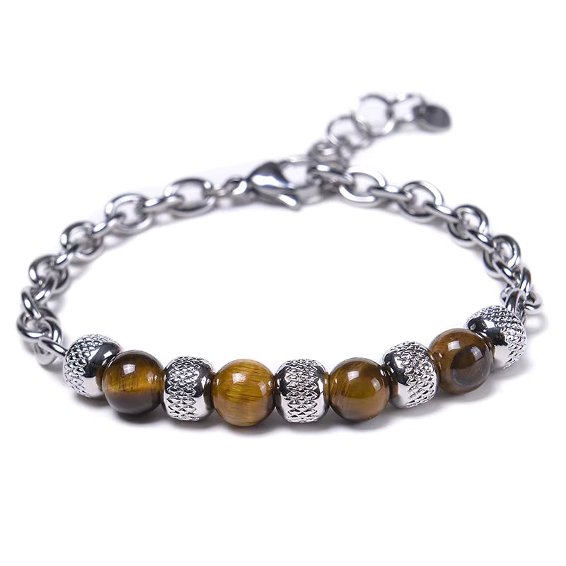 Natural Tiger Eye Beaded Bracelet Men's Stainless Steel Energy Stone Retro Style Fashion Jewelry