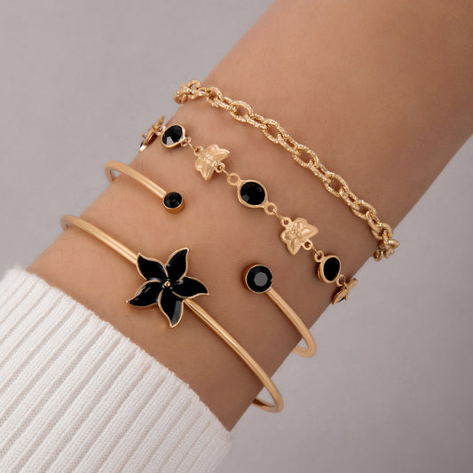 European American retro style silver four-piece bracelet set with elegant five-petal flower butterfly main stone fashion zircon