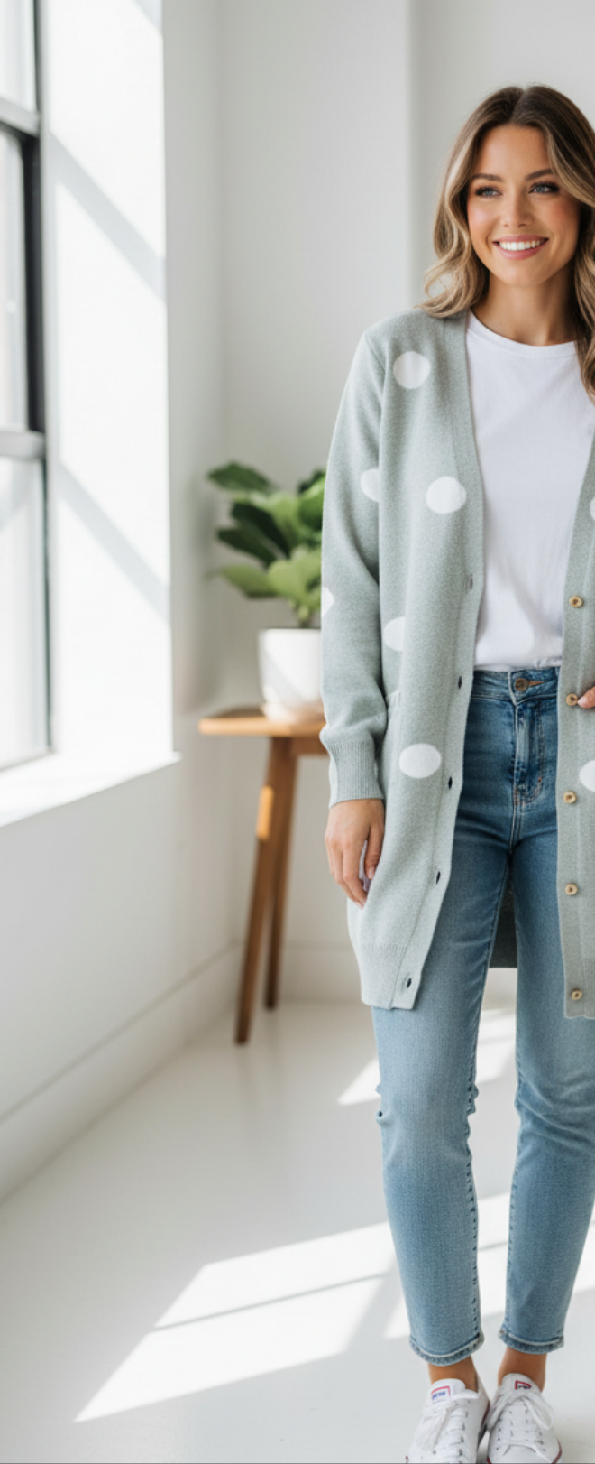 Cardigan Estampado en Círculo Blanco Gris