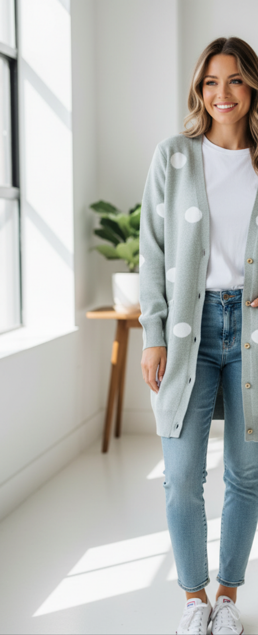 Cardigan Estampado en Círculo Blanco Gris