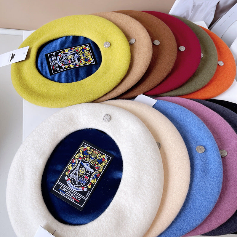 Boina de lana española para mujer, sombrero elegante de pintor francés, insignia con forro de satén, sombrero de azafata Retro británico