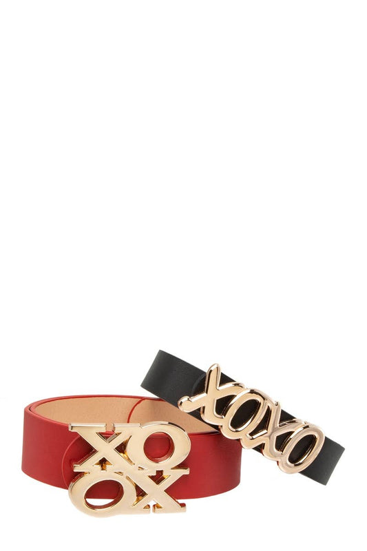 Stacked and Elongated XOXO Buckle Duo Belt Set: Red