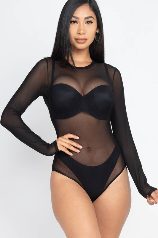 Mesh Sheer Long Sleeves Bodysuit: Black / S