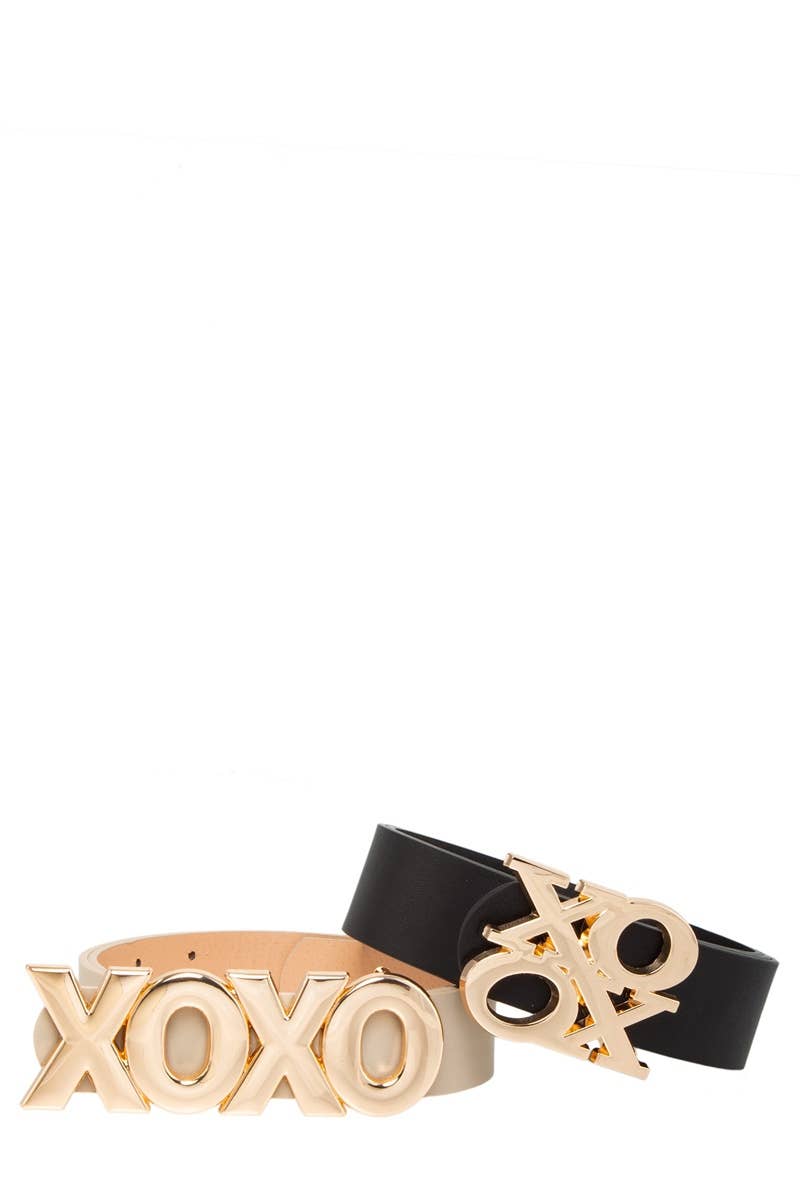Long and Stacked XOXO Buckle Duo Belt Set: Cognac