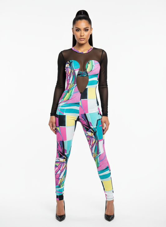 Jumpsuit Geométrico Multicolor con Mangas de Malla