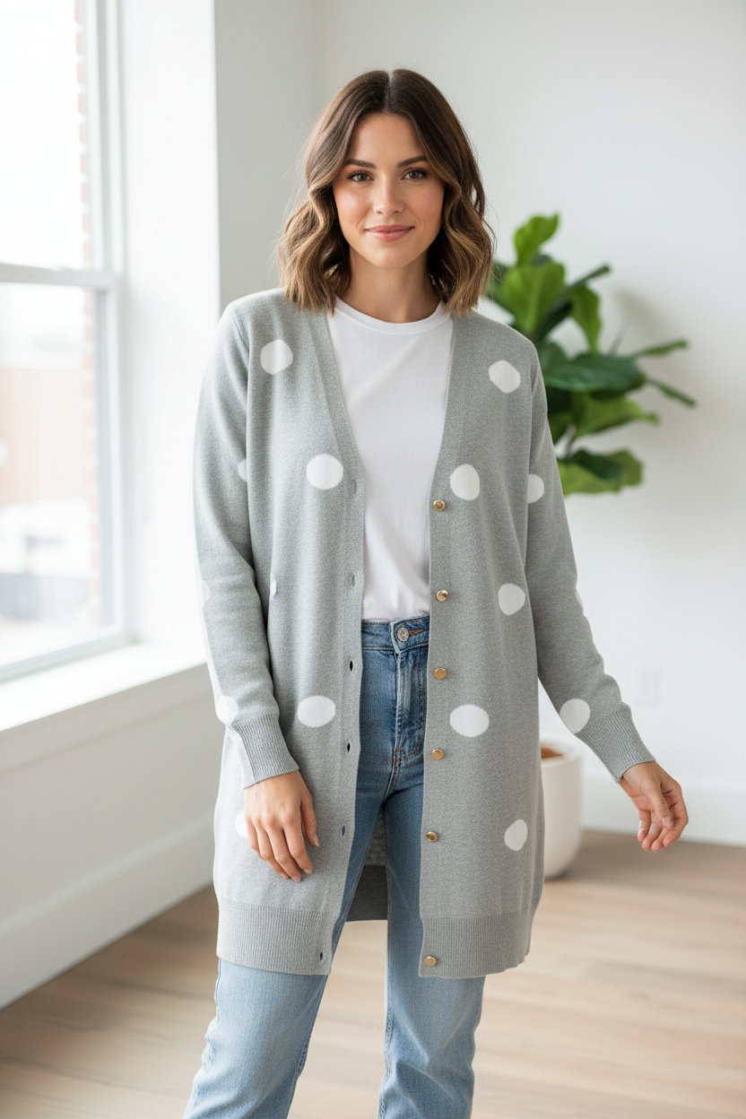Mujer usando cárdigan gris clarito sin bolsillos