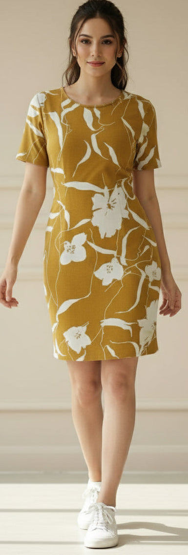 White dress with mustard yellow accents