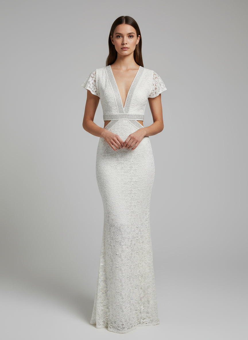 Off-white party dress with a sparkly silver rhinestone design